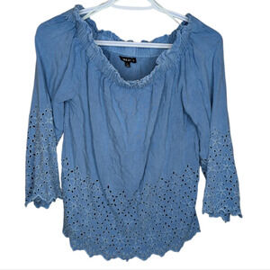 Style Envy Blue Off the Shoulder Flowy Feminine Boho Eyelet Top Women L